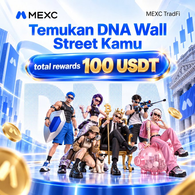 A promotional graphic for MEXC TradFi's "Temukan DNA Wall Street Kamu" (Discover Your Wall Street DNA) campaign featuring a stylized group of diverse characters—including a bodybuilder with a shield, a sniper, and a king seated on a throne—posed against a Wall Street backdrop with Bitcoin and MEXC coins, highlighting a "total rewards 100 USDT" prize banner at the top.