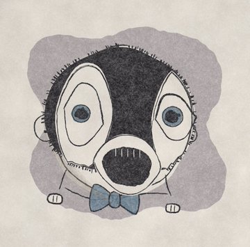 A whimsical drawing of a wide-eyed character with a black and white face, fuzzy dark hair, and a blue bow tie, set against a purple backdrop.