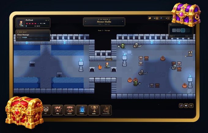 A screenshot of a 2D pixel-art dungeon crawler video game titled 'Stone Halls,' showing a character navigating a room with enemies, torches, and crates, framed by decorative golden treasure chests.