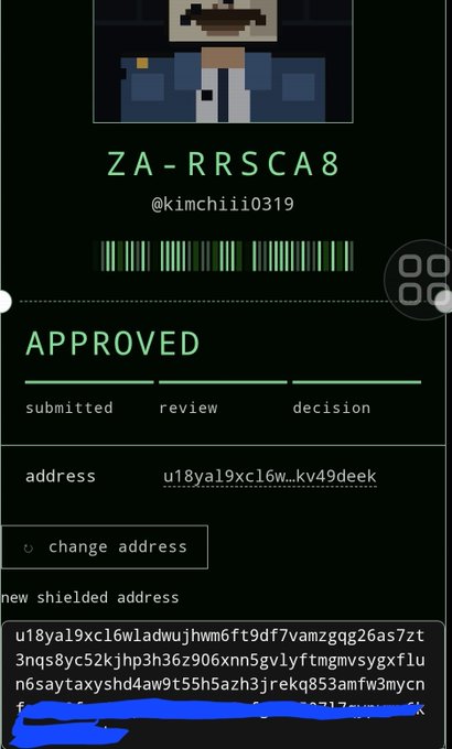 A screenshot of an 'APPROVED' claim for 'ZA-RRSCA8' by @kimchiii0319 displaying a pixelated police officer avatar and crypto addresses.