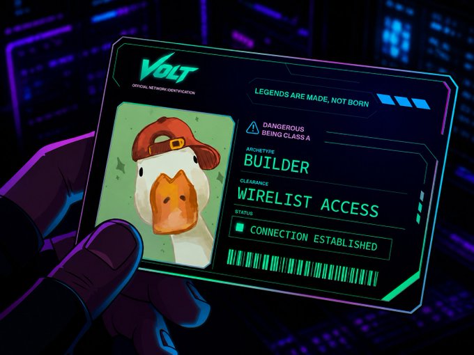 A futuristic ID card labeled 'VOLT OFFICIAL NETWORK IDENTIFICATION' showing an archetype 'BUILDER' with 'WIRELIST ACCESS' clearance and 'CONNECTION ESTABLISHED' status.
