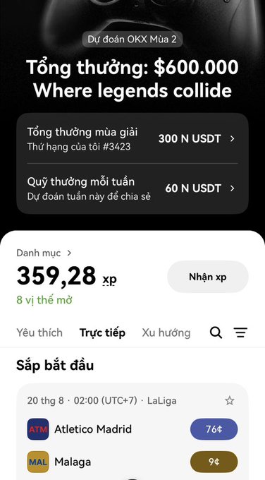 A mobile app screenshot in Vietnamese for an OKX prediction market titled 'Dự đoán OKX Mùa 2' with a $600,000 prize pool, showing 300 N USDT season reward, 60 N USDT weekly prize, 359.28 xp, and an upcoming LaLiga match between Atletico Madrid and Malaga.