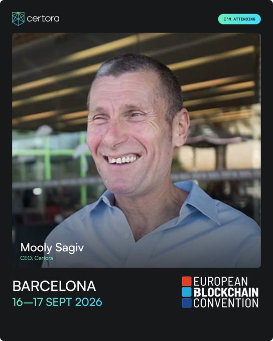A promotional graphic for the European Blockchain Convention in Barcelona on "16-17 SEPT 2026," featuring a smiling man identified as "Mooly Sagiv, CEO, Certora" with an "I'M ATTENDING" badge.