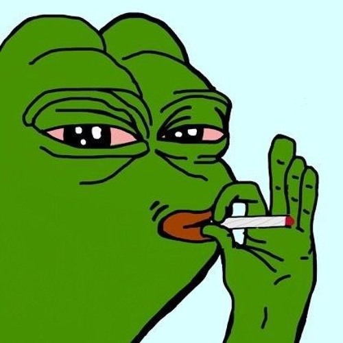 An illustration of the green Pepe the Frog meme character smoking a cigarette with half-lidded eyes.