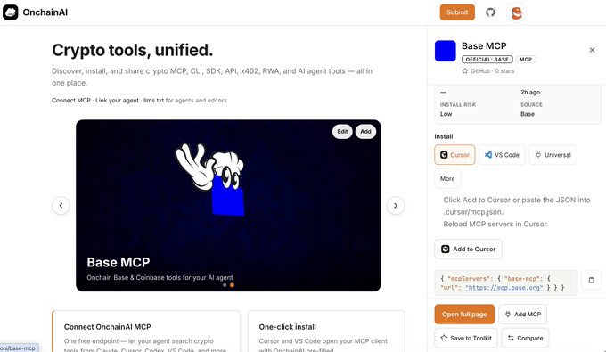 An OnchainAI webpage displaying 'Crypto tools, unified' with a Base MCP tool for Onchain Base & Coinbase, featuring installation options for Cursor and VS Code.