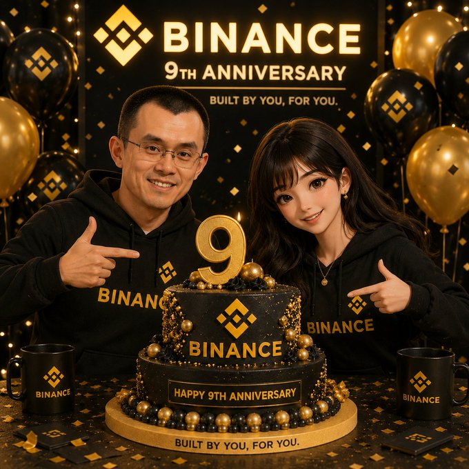 A Binance 9th Anniversary promotional image showing two people (one resembling CZ) celebrating with a black and gold anniversary cake, wearing Binance-branded hoodies with the slogan 'Built by you, for you.'