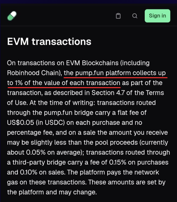 A dark-themed informational screen titled 'EVM transactions' explains that the pump.fun platform collects up to 1% of the value of each transaction, with specific fees for pump.fun bridge and third-party bridge transactions.
