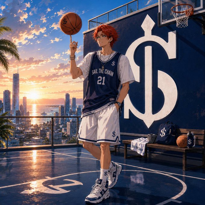 An anime-style illustration of a red-haired youth in a navy 'SAIL THE CHAIN' jersey (#21) spinning a basketball on his finger on a rooftop court at sunset, with a city skyline and a large dollar-sign logo on the wall behind him.