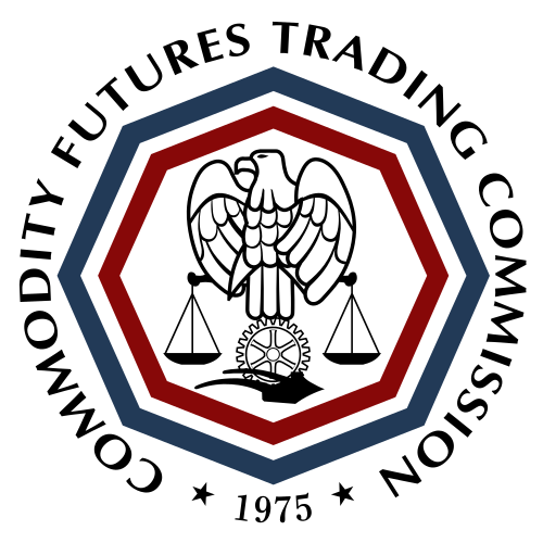 The image features a circular logo for the Commodity Futures Trading Commission (CFTC). The logo consists of a circle with a red border, inside which there are two white lines that form an "X" shape. Atop this X is a black eagle holding a scale and a gavel, symbolizing the CFTC's authority in regulating financial markets. The text on the image reads: "INTEL: CFTC staff says certain crypto perpetuals qualify as foreign futures and grants FCMs no-action relief to use customer BTC, ETH and stablecoins as margin with foreign brokers". This message indicates that the CFTC is providing relief for cryptocurrency trading activities involving foreign exchanges or ICOs.