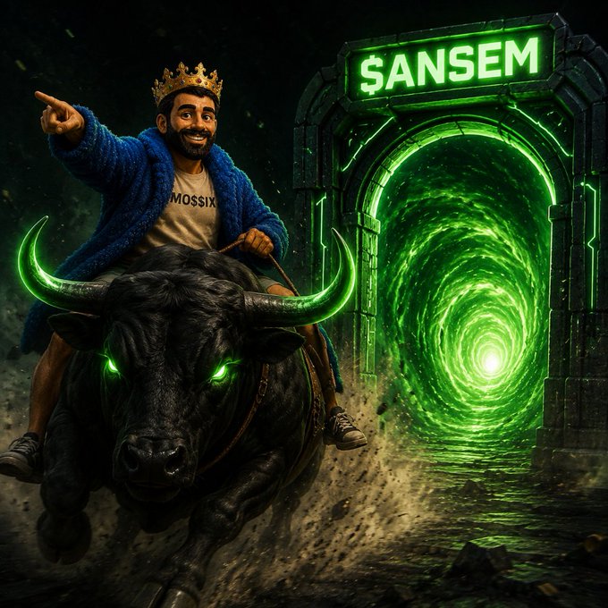 A stylized digital artwork of a crowned man wearing a 'MOSSIX' shirt riding a glowing-eyed black bull toward a green portal labeled '$ANSEM'.