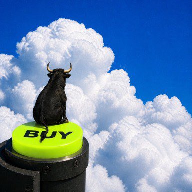 A black bull figure sitting on top of a bright green button labeled 'BUY', set against a backdrop of blue sky and white clouds.