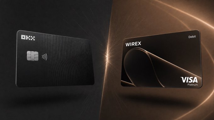 Two black metal payment cards are displayed against a dark background with golden light accents: the left card shows the OKX logo and a chip, while the right card is a WIREX Visa Platinum Debit card.
