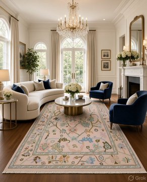 An elegant traditional living room featuring a cream sofa, navy blue armchairs, a marble fireplace, and a pink floral rug with a noticeably elongated, rectangular shape that appears disproportionate to the space. A small "Grok" watermark is visible in the bottom right corner, highlighting the user's complaint about the AI's inaccurate rendering of the 8x10 rug's proportions.