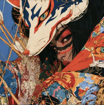 A detailed digital illustration depicts a woman in a vibrant kimono wearing a kitsune (fox) mask, rendered in a bold anime/manga art style.