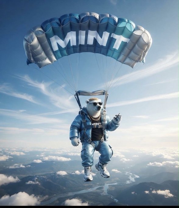 A digital artwork shows a polar bear wearing sunglasses, a denim outfit with 'MINT' on the shirt, white sneakers, and parachuting with a blue and white 'MINT' branded parachute over a cloudy landscape.