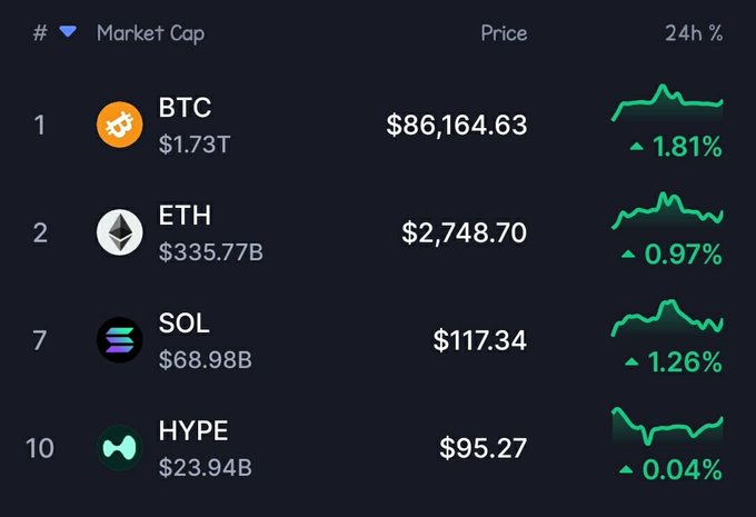 A cryptocurrency market cap ranking showing BTC ($86,164.63, +1.81%), ETH ($2,748.70, +0.97%), SOL ($117.34, +1.26%), and HYPE ($95.27, +0.04%) all trading in the green over 24 hours. The screenshot captures the green price action and upward 24h percentages that support the post's message about patient holders being rewarded as the market pumps again after a dull period.