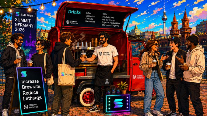 The image features a red food truck with an open door, displaying various drinks for sale. There are several people standing around the truck, some of whom appear to be ordering from the menu or engaging in conversation with each other. The background includes a cityscape with buildings and a bridge, suggesting that this scene takes place in a bustling urban environment. The post mentions that there is an APE mode activated at Solana Summit Germany on 13 June, which could potentially be related to the food truck's location or the event taking place.