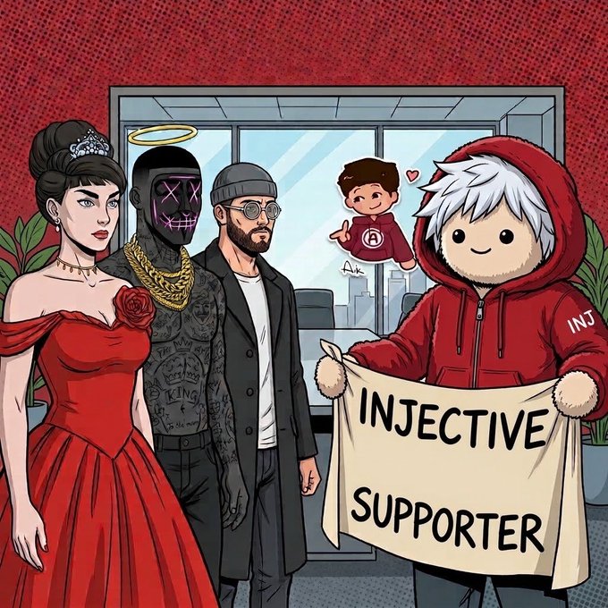 A digital illustration showing a woman in a tiara and red dress, a man with a purple masked face, and a hooded figure holding a sign reading "INJECTIVE SUPPORTER," with a small cartoon figure in the background.