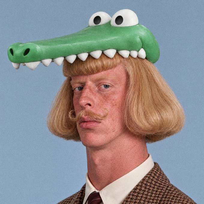 A man with a blonde bob haircut and mustache wears a green crocodile hat with bulging eyes, paired with a tweed jacket and tie, in a humorous, retro-styled portrait. The absurd, over-the-top hat complements the "For the trenches" caption, suggesting bold, unconventional headwear as battle-ready armor for any occasion.
