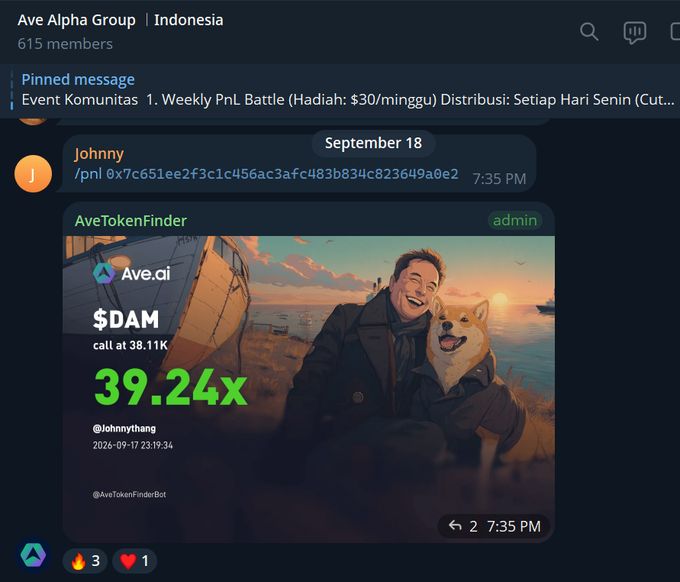 Discord screenshot from 'Ave Alpha Group | Indonesia' (615 members) showing a September 18 message from Johnny featuring an AveTokenFinder bot image of Elon Musk with a Shiba Inu dog, displaying '$DAM call at 38.11K 39.24x'.
