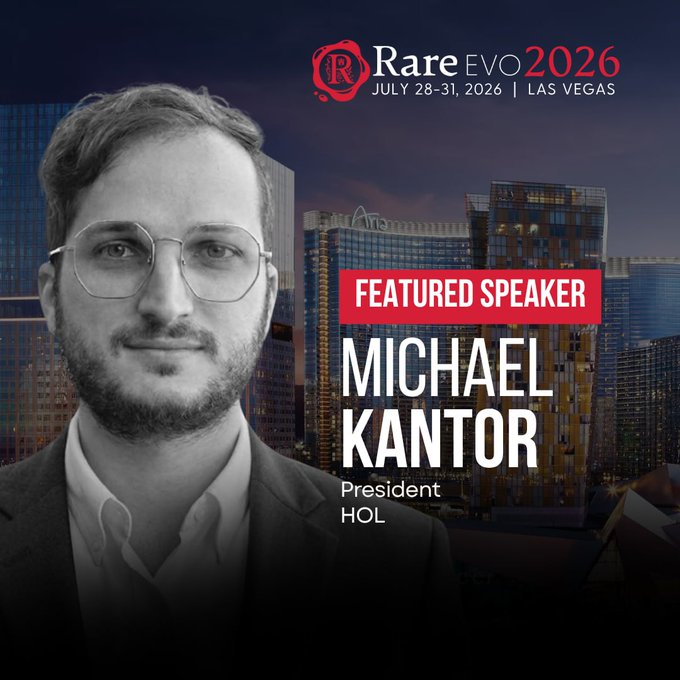 The image features a man wearing glasses standing against a city skyline backdrop. The caption reads "We're excited to share that HOL President, Michael Kantor (AKA kantorcodes) will be a featured speaker at Rare Evo 2026." This suggests that the event is related to web3 and AI, as it is described as a gathering of builders, founders, investors, and leaders in these fields. The man's presence in front of the city skyline indicates that this event might take place in Las Vegas or another urban setting with impressive architecture.