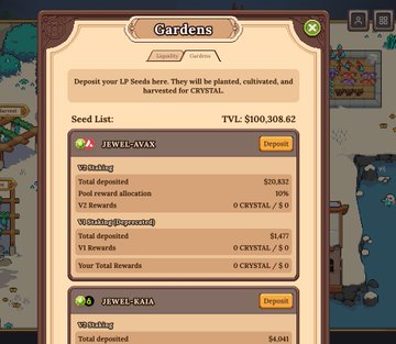 The image shows the Gardens section of DeFi Kingdoms (game.defikingdoms.com) displaying a DeFi Kingdoms-AVAX seed offering with the current TVL listed at $100,308.62, illustrating the drastic decline from its former nine-figure peak. The interface shows minimal deposits ($70.632 and $1.477) and rewards in CRYSTAL tokens, visually capturing the low engagement that resulted from the project's shutdown.