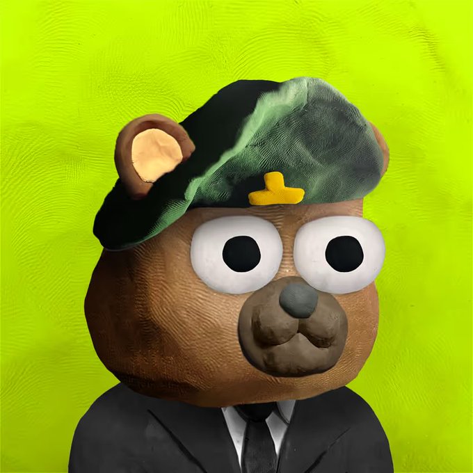 The image shows a 3D-rendered cartoon bear wearing a green military-style beret and a black suit with tie against a bright green background. The bear has an exaggerated, somewhat unsettling face with large wide eyes and a brown snout, giving it a goofy, claymation-like appearance.

This visual relates to the post by depicting a "Clay" character in military uniform—literally answering the general's recruitment call—as the beret and formal attire suggest the bear has "reported for duty" to join the "Clay Army."