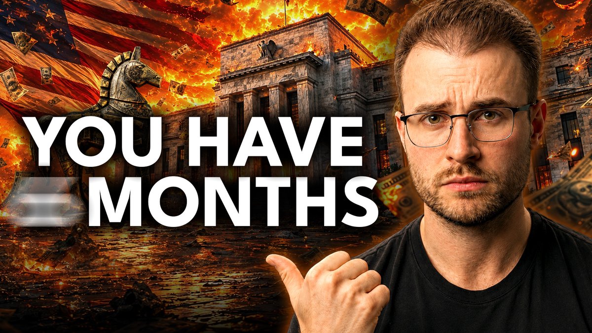 The image features a man wearing glasses pointing at something in front of him while reading text that says "you have months". The background includes an American flag, a building with flames, and a horse-headed figure. The caption reads "@JoeConsorti was great ripping with @JoeConsorti about the K shaped economy, the Fed’s potential proactive policy and where bitcoin is headed."
