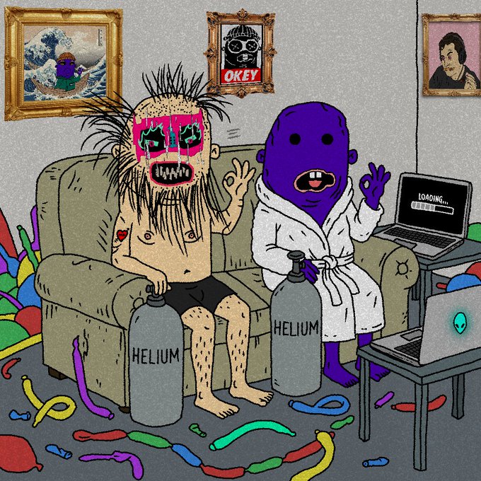 Two chaotic cartoon figures sit on a couch inhaling "HELIUM" from tanks amid scattered deflated balloons, with a purple character wearing an "OKEY" portrait above it on the wall, visually satirizing the delayed reveal of OK Poodles NFTs as shown by the laptop displaying "LOADING..."