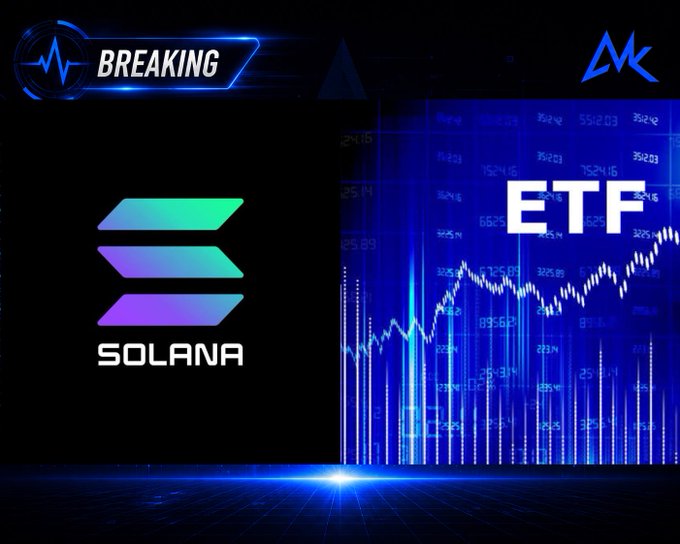A digital news graphic with 'BREAKING' at the top left, displaying the Solana logo, 'ETF' text, and a stock chart showing an upward trend.