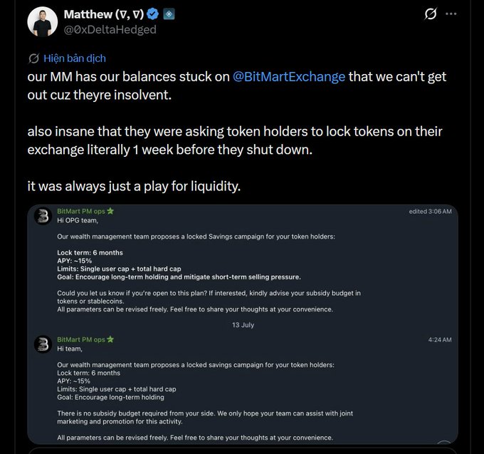 A tweet from Matthew (@0xDeltaHedged) criticizing BitMart Exchange, claiming their market maker's balances are stuck because the exchange is insolvent and accusing them of soliciting locked token campaigns just before shutting down.