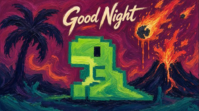 A stylized digital painting resembling Van Gogh's style shows a green blocky character standing between a volcano and palm tree against a fiery red sky, with 'Good Night' written at the top.