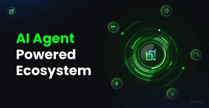 A promotional graphic with the text 'AI Agent Powered Ecosystem' alongside a green tech-themed circular logo design.