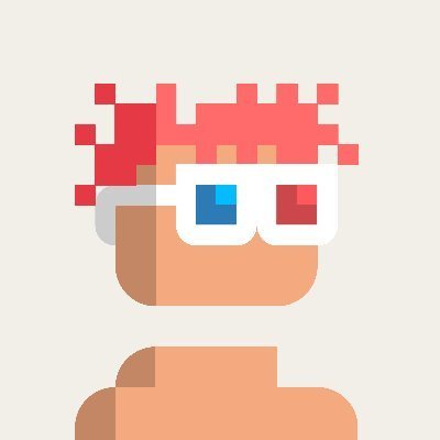 A pixel art illustration of a character with pink hair wearing 3D glasses with red and blue lenses.