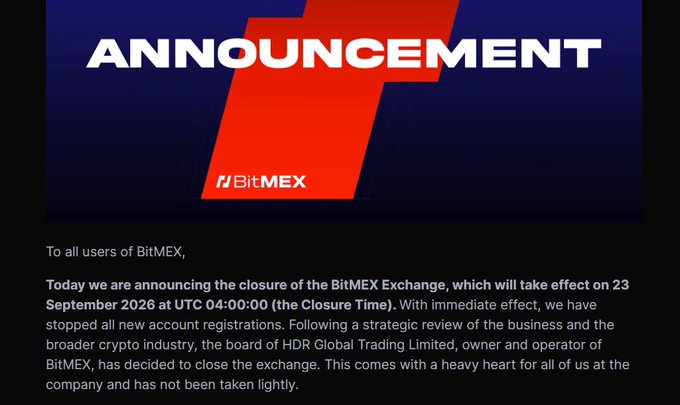 BitMEX announcement stating the closure of the BitMEX Exchange effective 23 September 2026 at UTC 04:00:00, with new account registrations halted.