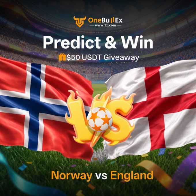 A promotional graphic from OneBullEx (www.11.com) advertising a "Predict & Win" $50 USDT giveaway for the Norway vs England match, featuring the two nations' flags with a flaming soccer ball between them and a "VS" emblem, complementing the prediction challenge post.