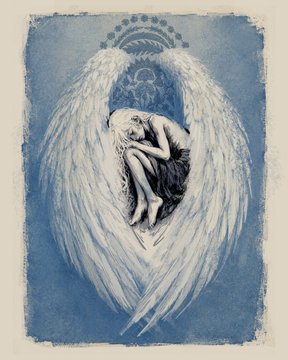An artistic blue-toned illustration of a sorrowful figure with large white angel wings embracing their knees, surrounded by a circular design.