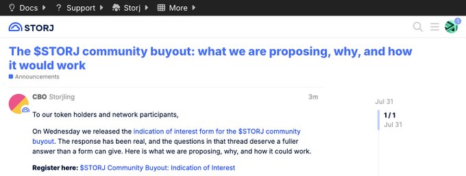 A screenshot of a webpage on the STORJ platform showing an announcement titled 'The $STORJ community buyout: what we are proposing, why, and how it would work' posted by CBO Storjling on Jul 31.