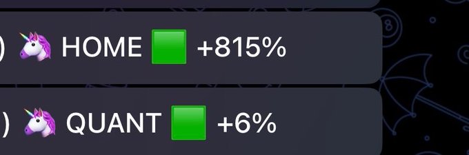 Two cryptocurrency tickers are shown on a dark background: HOME up +815% and QUANT up +6%, each marked with green bars and a purple unicorn icon.