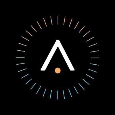 A minimalist logo featuring a white stylized 'A' with an orange dot inside, surrounded by a circular ring of glowing orange and blue tick marks on a black background.