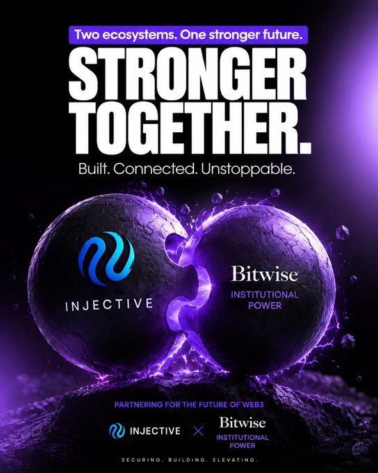 A promotional banner for a partnership between Injective and Bitwise reads 'Two ecosystems. One stronger future' and 'STRONGER TOGETHER', depicting two purple spheres merging with energy between them.