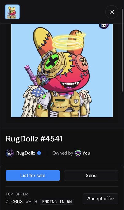 A screenshot of an NFT marketplace listing for 'RugDollz #4541', showing a 3D glasses-wearing character with a halo, owned by the user, with a top offer of 0.0068 WETH.