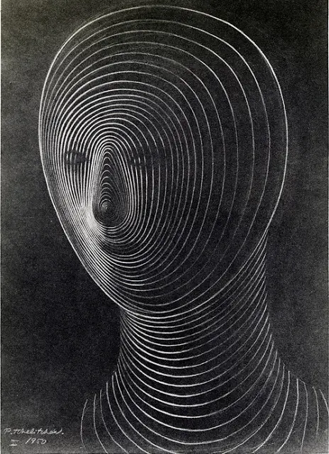 A black and white surrealist illustration by T. Tzuki Tzuki from 1950 depicting a human face and head composed entirely of concentric swirling white lines that create a hypnotic, vortex-like effect against a dark background.
