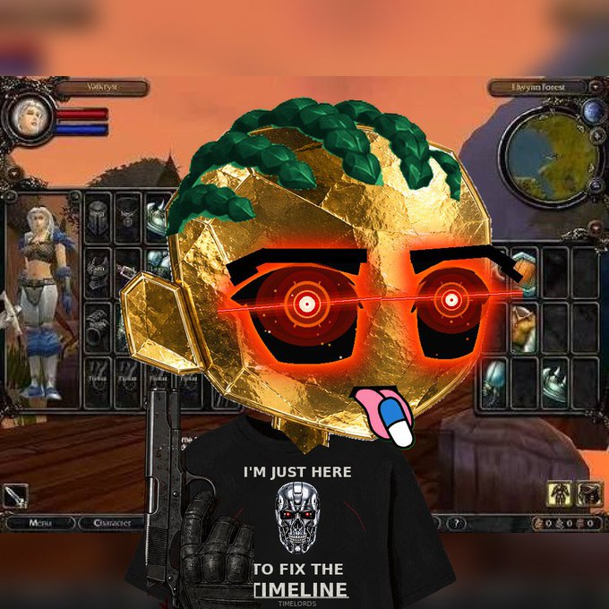 An edited image of a character with a gold, robotic face featuring glowing red eyes, green leafy hair, and a protruding tongue, wearing a black t-shirt that says 'I'M JUST HERE TO FIX THE TIMELINE TIMELORDS', set against a video game inventory screen background.