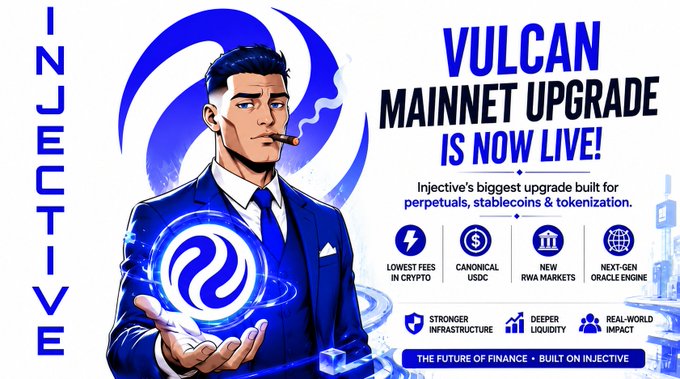 The image features an illustration of a man dressed in a suit holding a blue crystal ball with a silver coin inside. The caption below the illustration reads "Vulcan Mainnet Upgrade is now live!". This suggests that the image is related to the maintext, which discusses the major update and improvements made to the Injective ecosystem for stablecoins, RWAs, perpetual markets, and AI-powered apps.