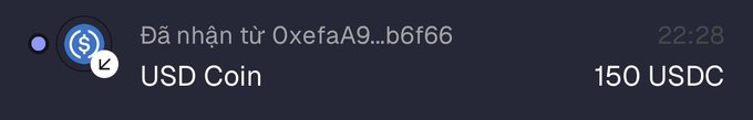 A screenshot showing a received payment of 150 USDC (USD Coin) from address OxefaA9...b6f666 at 22:28, illustrating the web3 salary mentioned in the post that arrived in the user's account.