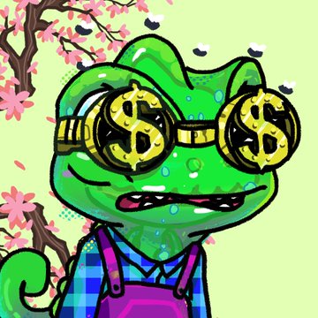 A cartoon illustration of a green chameleon or frog wearing gold dollar sign ($) glasses and pink overalls in front of a cherry blossom background.