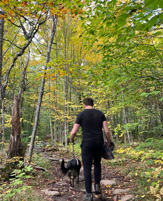 A man in a black t-shirt walks his dog along a forest trail scattered with fallen leaves, surrounded by trees transitioning into autumn colors. The image captures a peaceful weekend morning escape, embodying the spirit of stepping away from the grind to enjoy nature's quiet beauty.