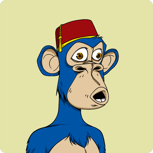 A cartoon illustration shows a blue-furred monkey wearing a red fez hat against a pale yellow background.