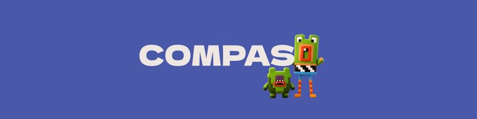 The image shows the word "COMPAS" in bold white letters on a blue background, accompanied by two green cartoon characters from the popular video game "My Friend Peppa Pig" — one of which appears to be a tall green creature holding a small cactus. The image relates to the post by promoting the "COMPAS" NFT collection, likely displayed as promotional artwork for the mint on OpenSea.